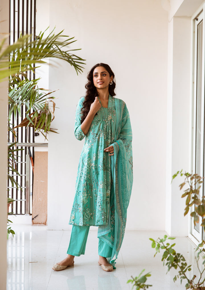 Women's Green Cotton Kurta Pantand Dupatta Set