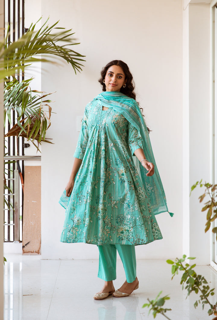 Women's Green Cotton Kurta Pantand Dupatta Set