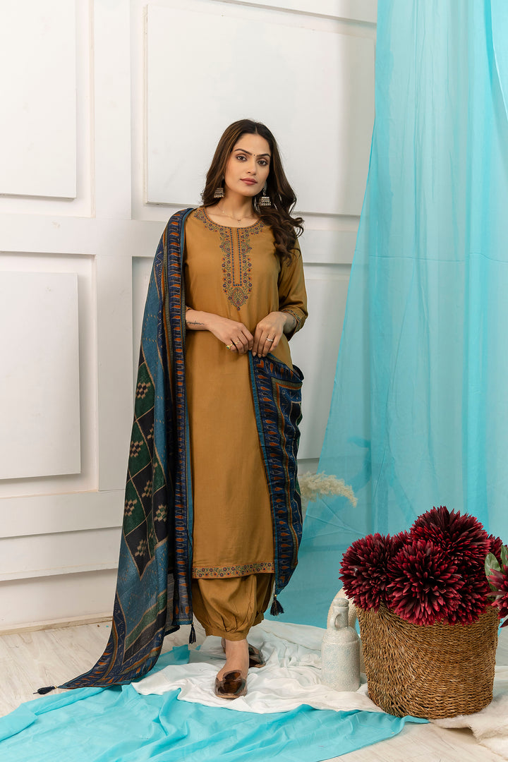 Women's Camel Brown Royon Kurta Afghani Salwarand Dupatta Set