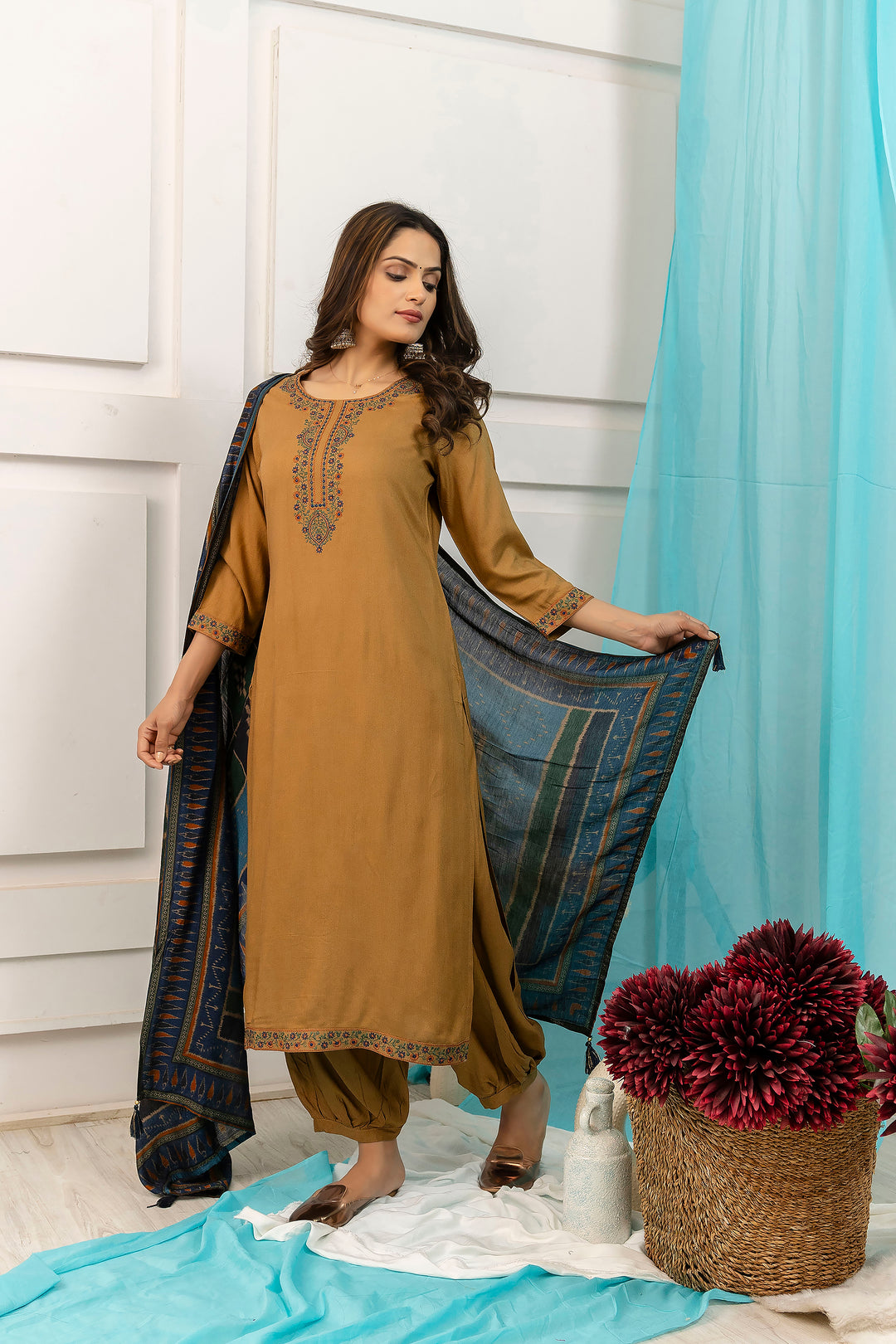 Women's Camel Brown Royon Kurta Afghani Salwarand Dupatta Set