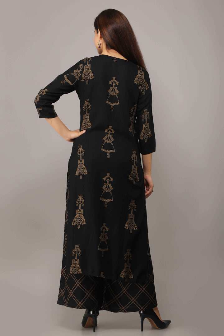 Women's Black Straight Rayon Kurta, Palazzo & Dupatta Set