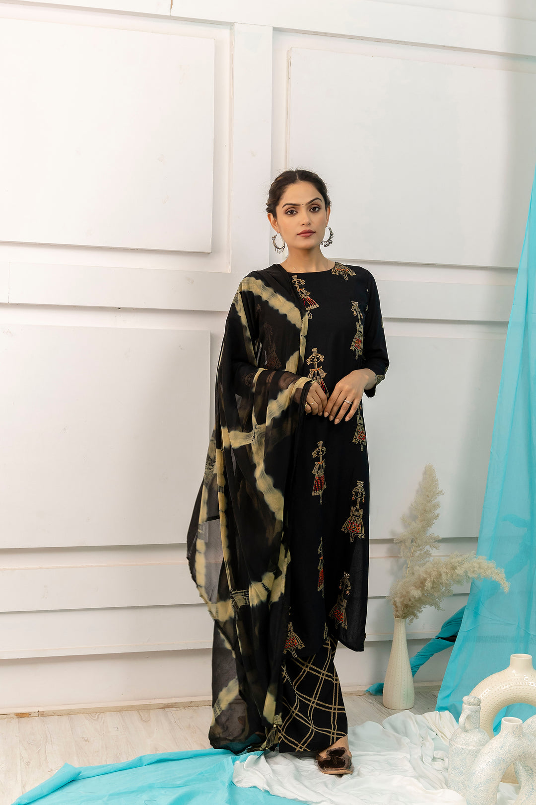 Women's Black Straight Rayon Kurta, Palazzo & Dupatta Set