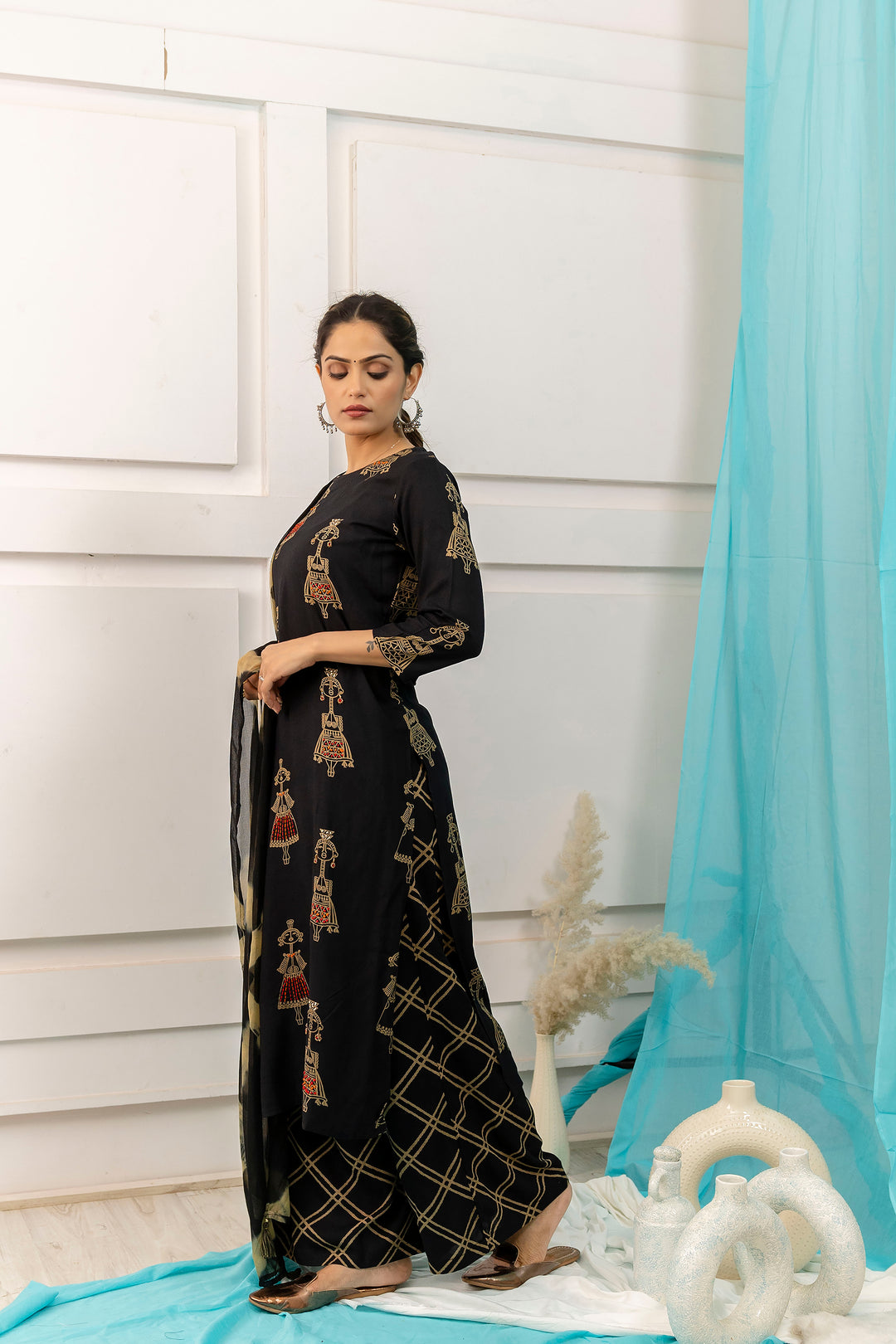 Women's Black Straight Rayon Kurta, Palazzo & Dupatta Set