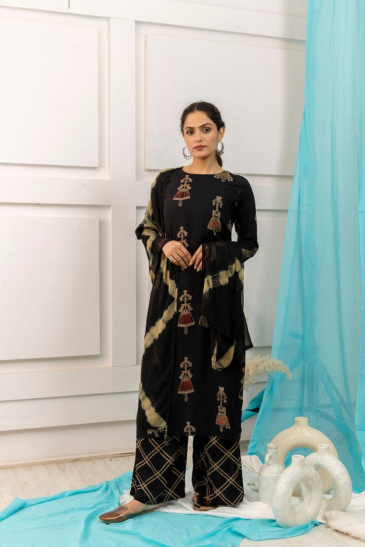 Women's Black Straight Rayon Kurta, Palazzo & Dupatta Set