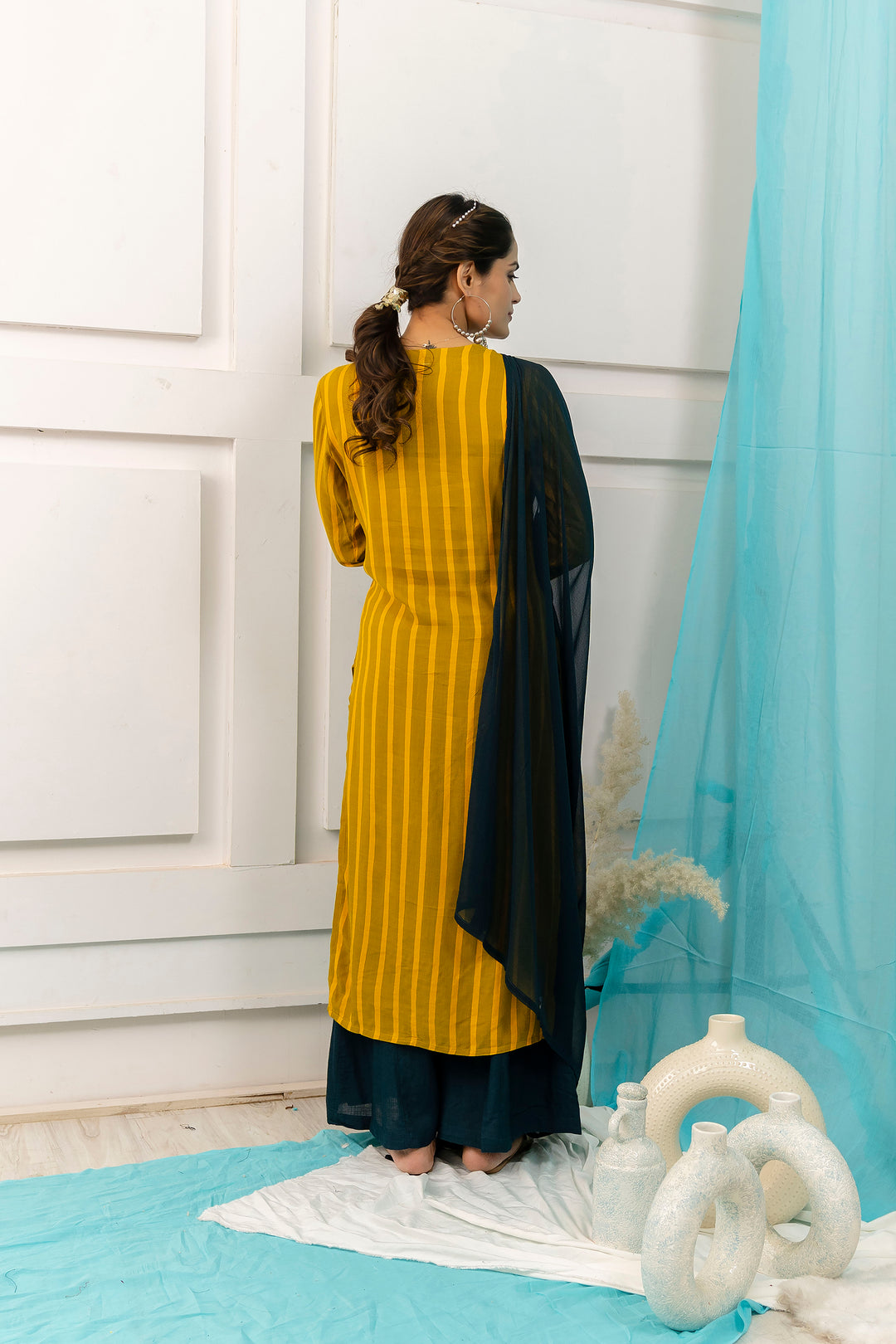 Women's Yellow Straight Rayon Slub Kurta, Palazzo & Dupatta Set