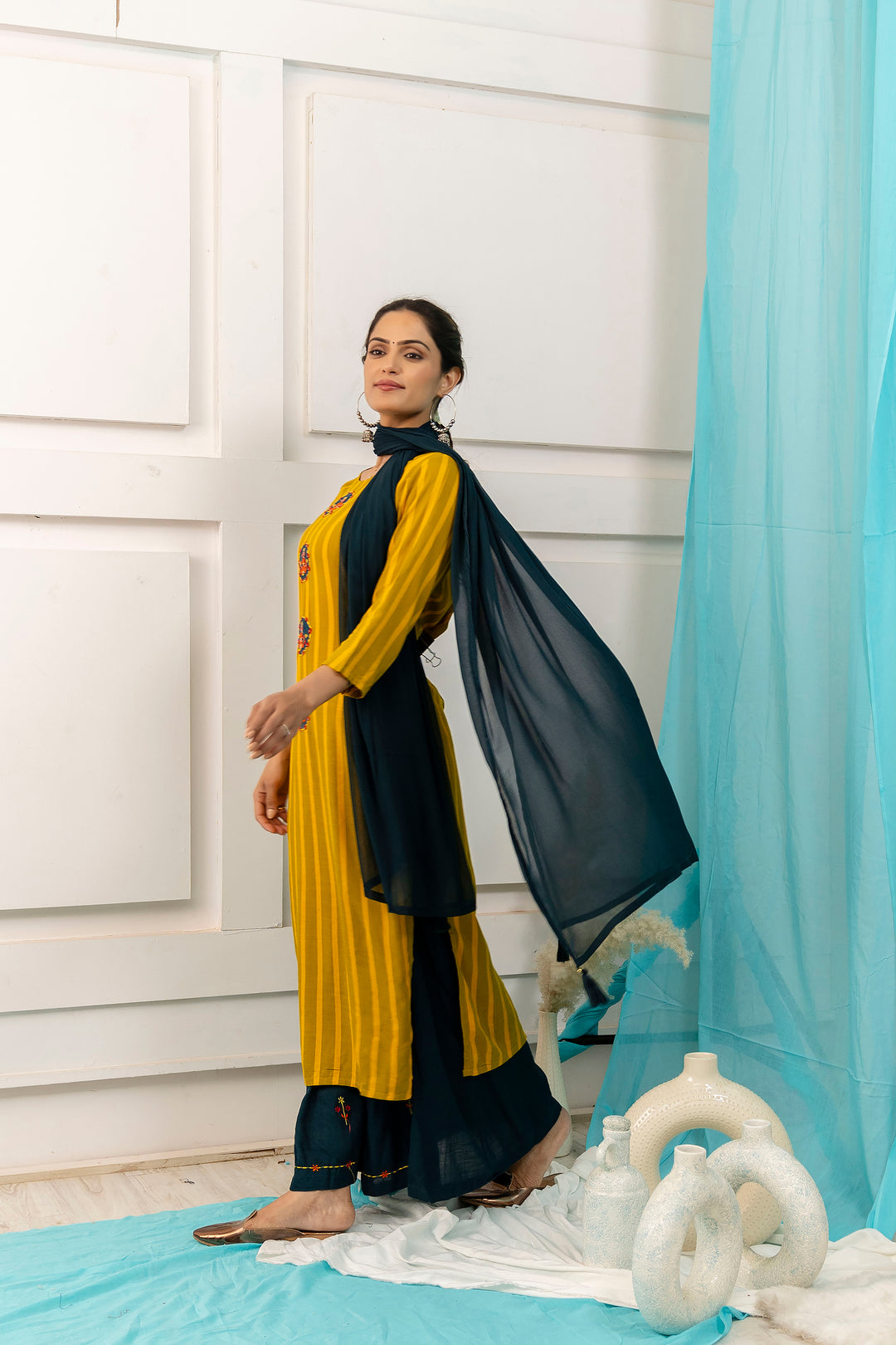 Women's Yellow Straight Rayon Slub Kurta, Palazzo & Dupatta Set