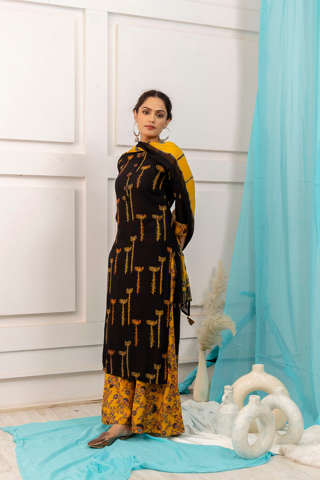 Women's Black Straight Rayon Slub Kurta, Palazzo & Dupatta Set