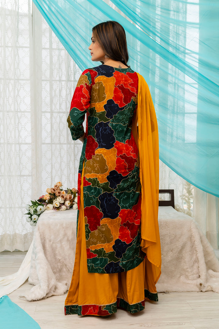 Women's Multicolor Straight Rayon Kurta, Palazzo & Dupatta Set