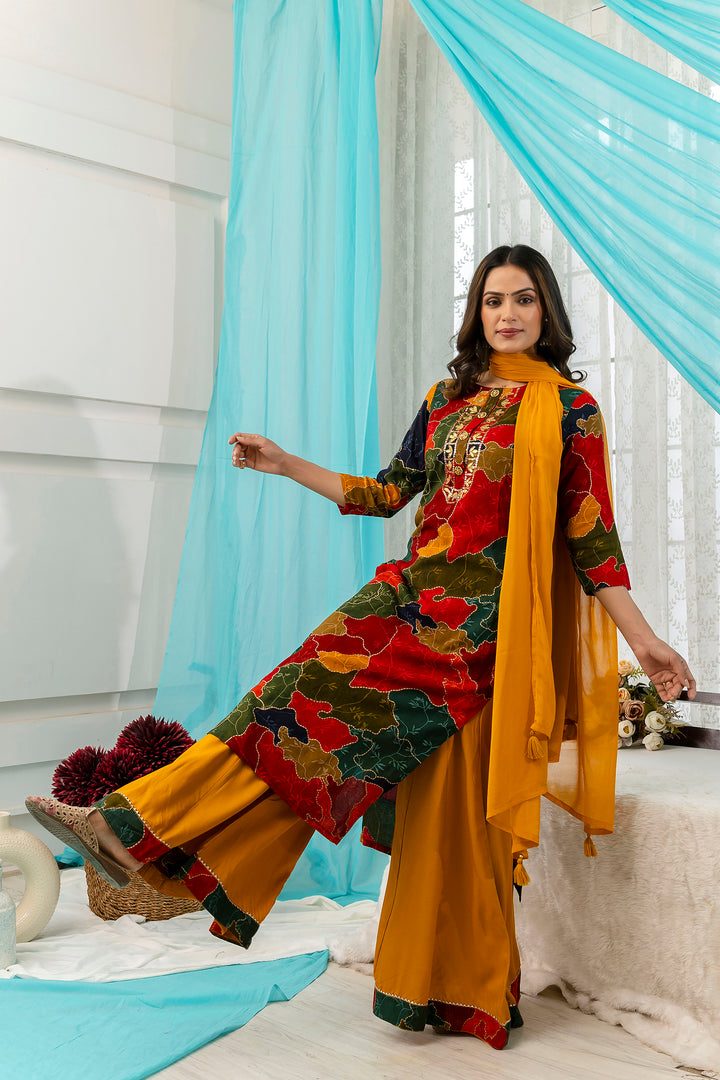 Women's Multicolor Straight Rayon Kurta, Palazzo & Dupatta Set