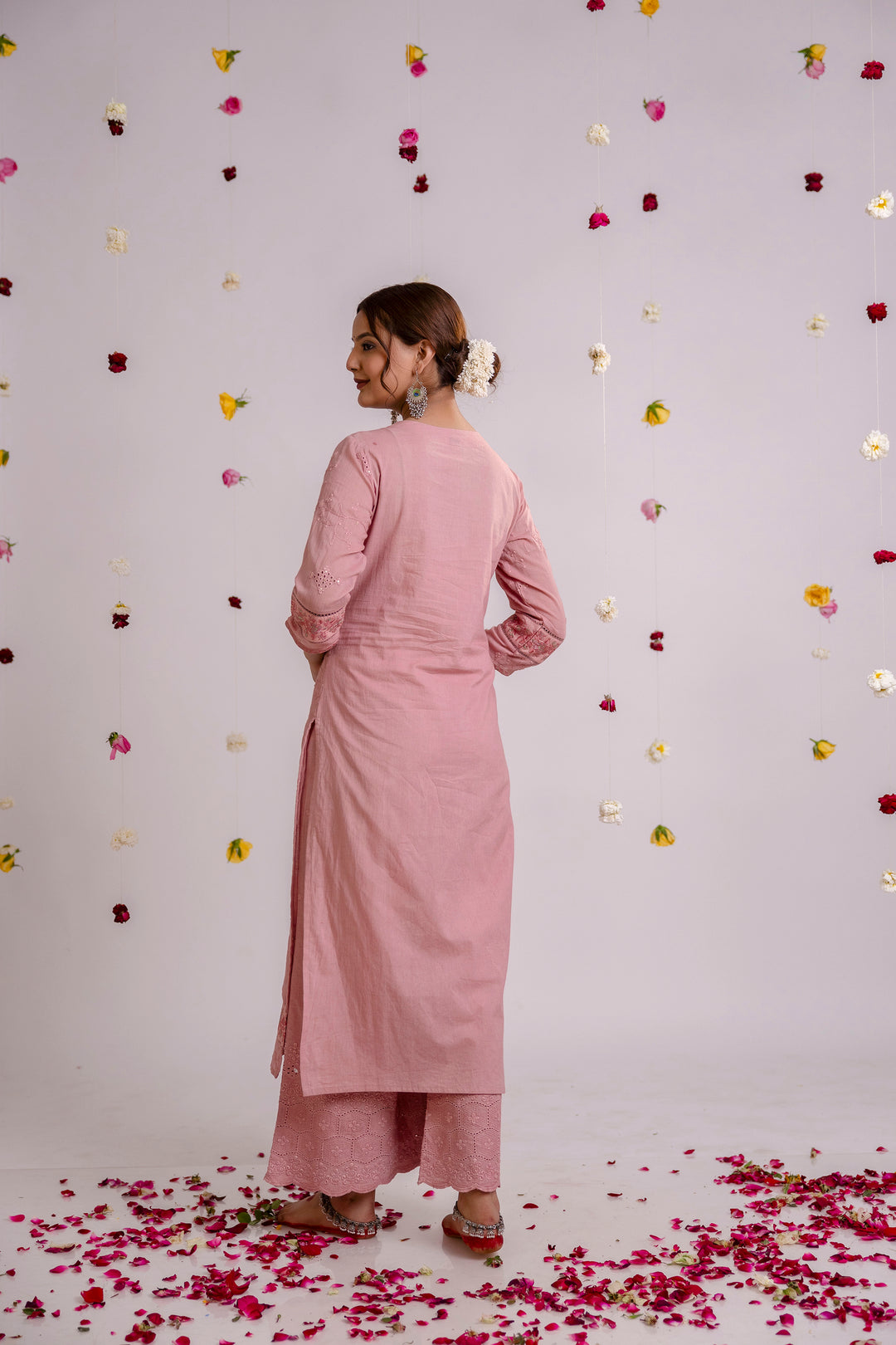 Women's Pink Cotton Kurta Palazzoand Dupatta Set