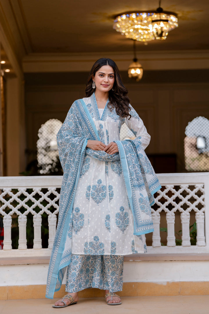 Women's White and Blue Cotton Kurta, Palazzo & Dupatta Set