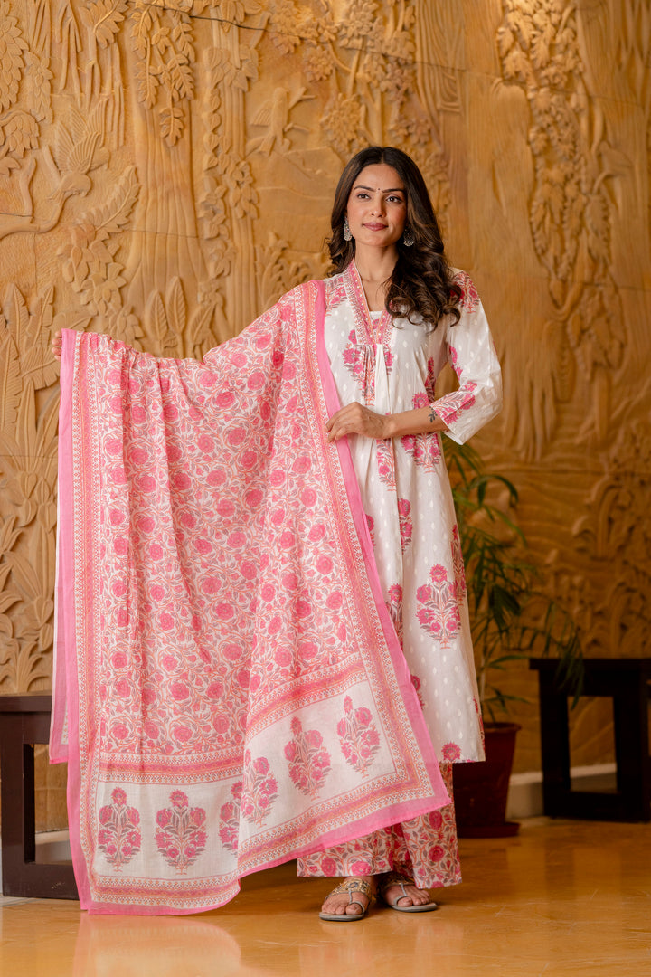 Women's White and Pink Cotton Kurta, Palazzo & Dupatta Set