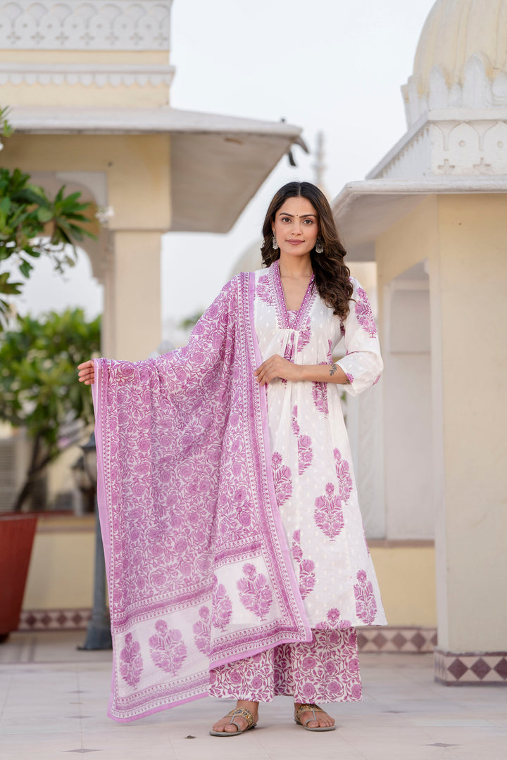 Women's White and Purple Cotton Kurta, Palazzo & Dupatta Set