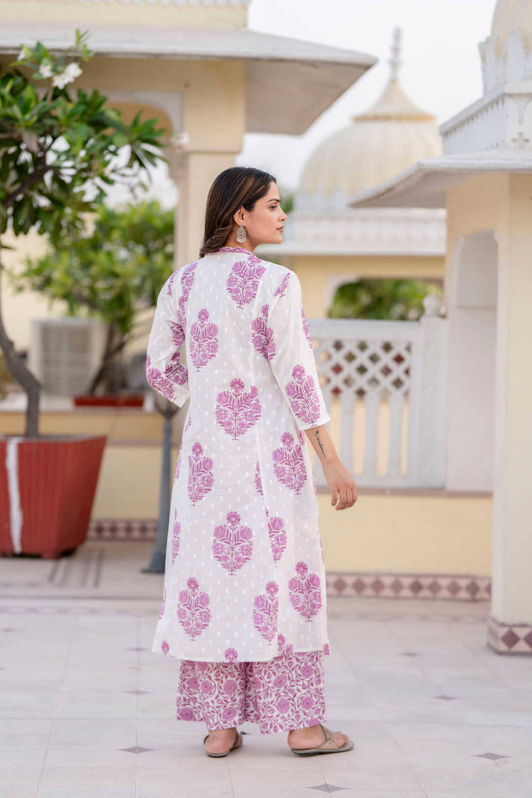 Women's White and Purple Cotton Kurta, Palazzo & Dupatta Set