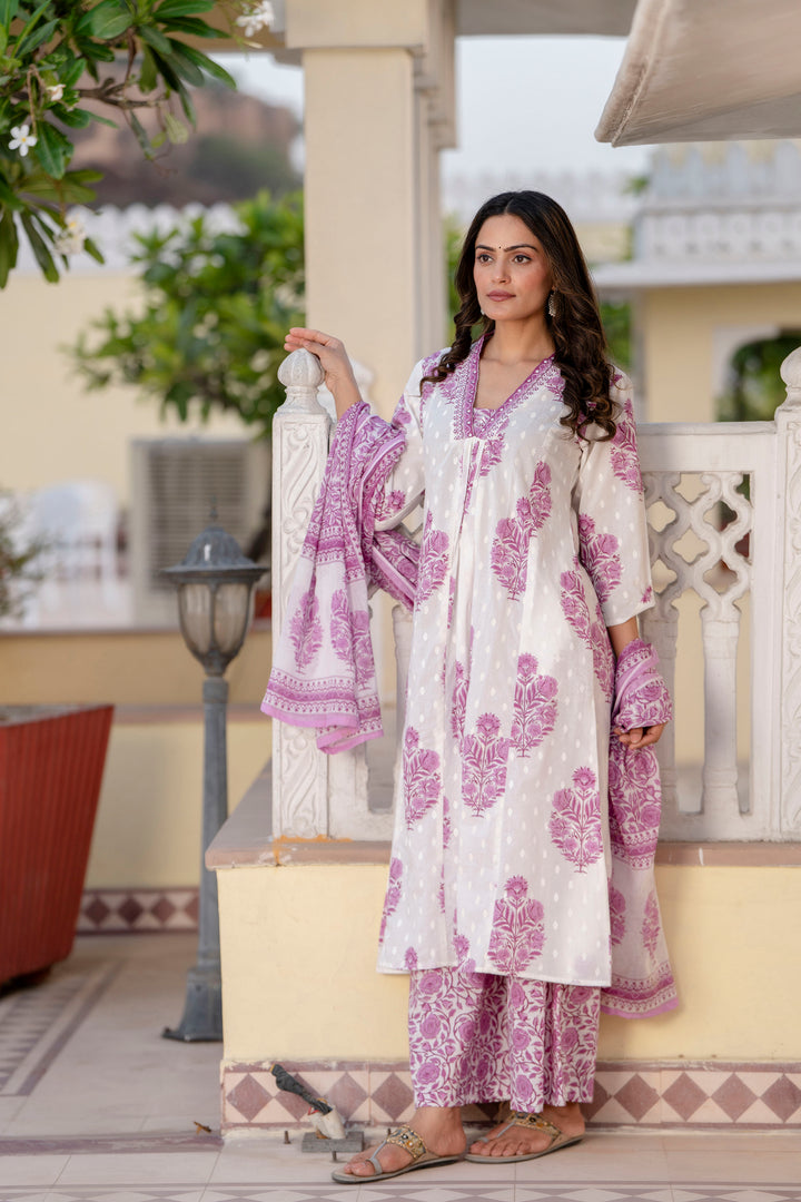 Women's White and Purple Cotton Kurta, Palazzo & Dupatta Set