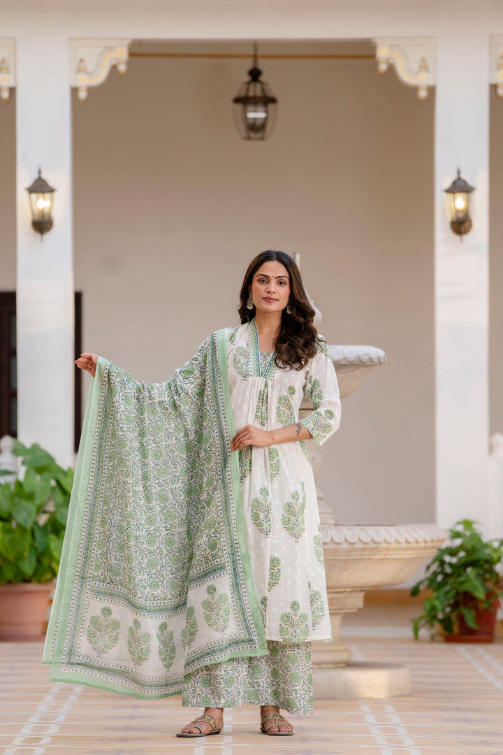 Women's White and Greeen Cotton Kurta, Palazzo & Dupatta Set