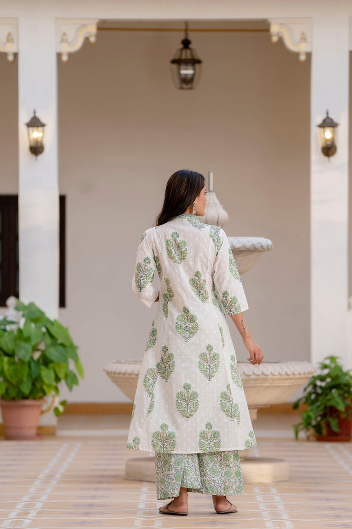 Women's White and Greeen Cotton Kurta, Palazzo & Dupatta Set