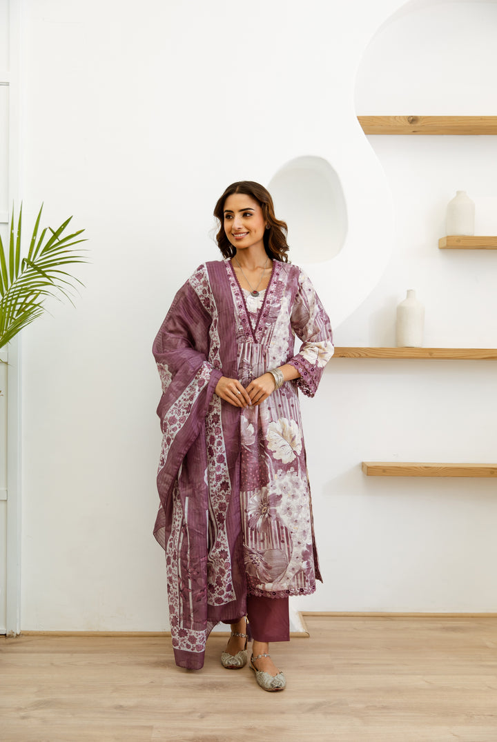 Women's Lavender Cotton Kurta, Pant & Dupatta Set