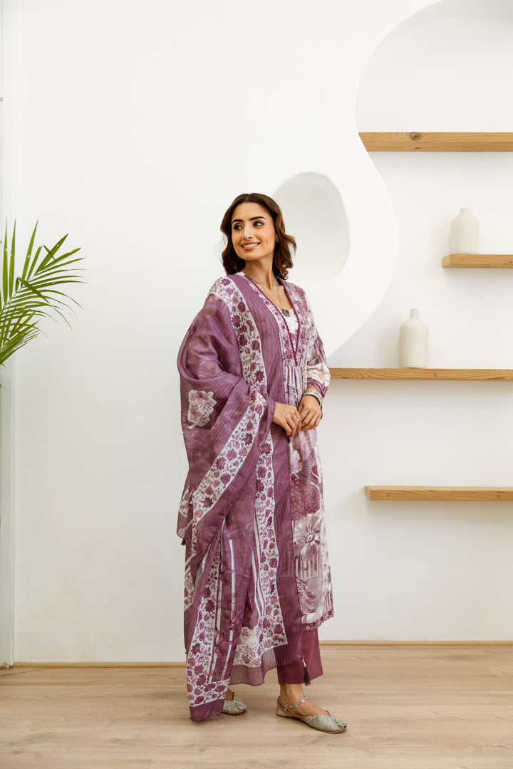 Women's Lavender Cotton Kurta, Pant & Dupatta Set