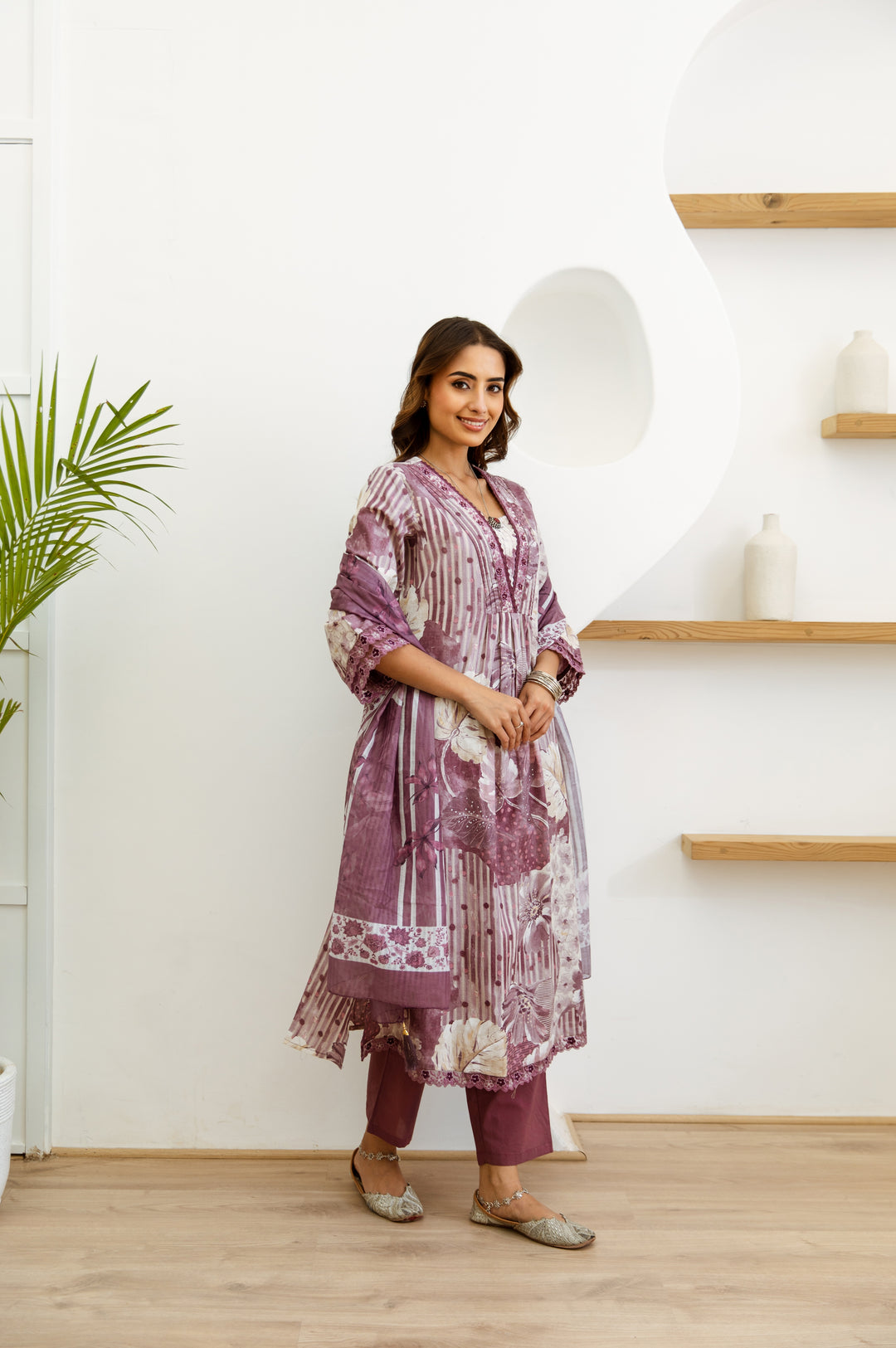 Women's Lavender Cotton Kurta, Pant & Dupatta Set