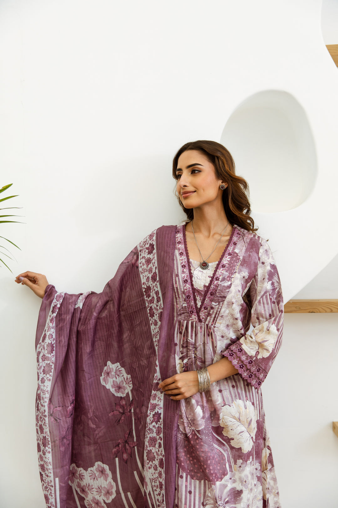 Women's Lavender Cotton Kurta, Pant & Dupatta Set