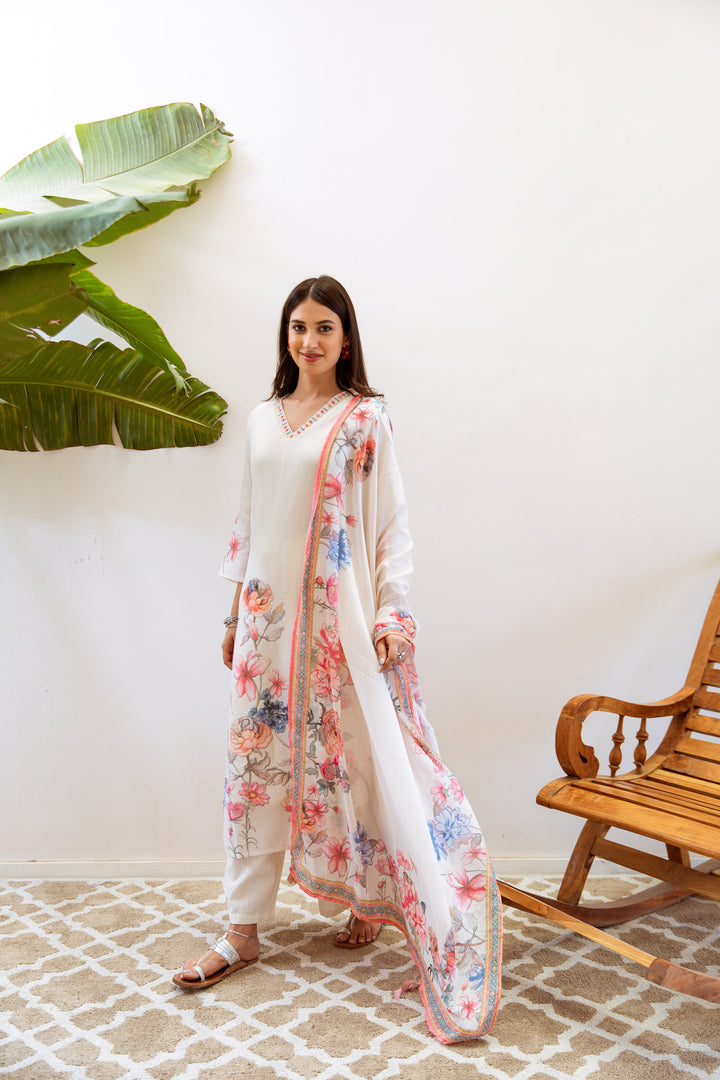 Women's Cream Linen Kurta, Palazzo & Dupatta Set