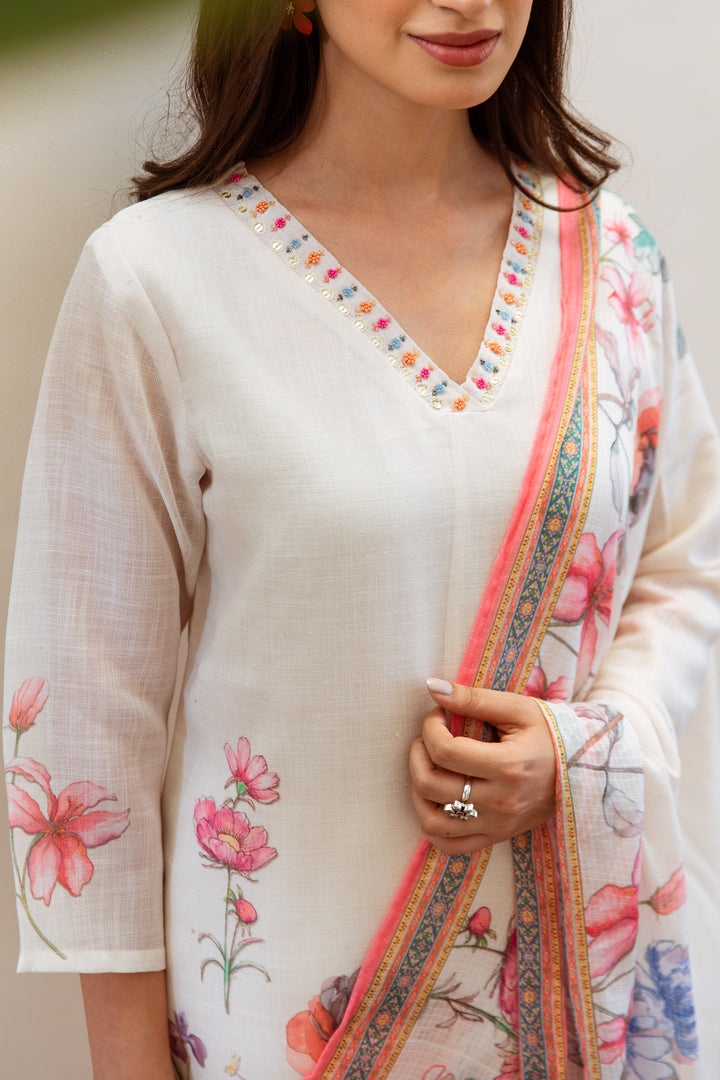 Women's Cream Linen Kurta, Palazzo & Dupatta Set