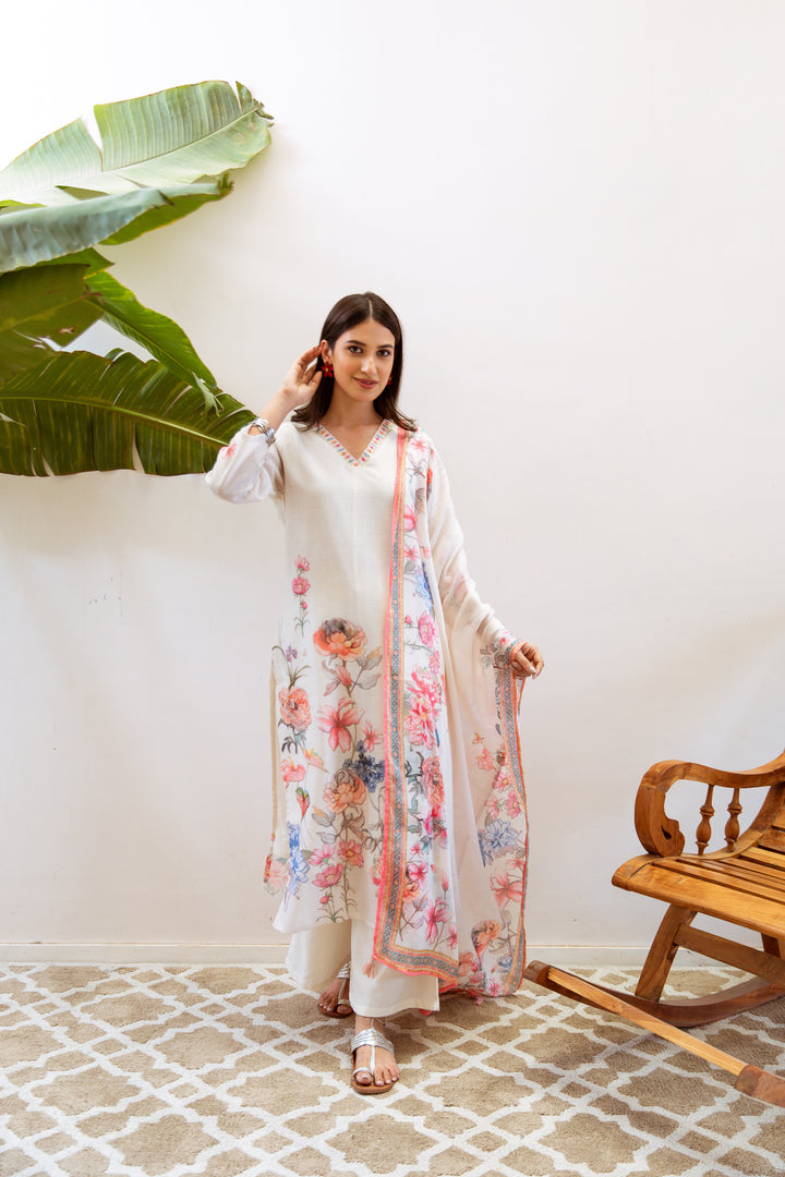 Women's Cream Linen Kurta, Palazzo & Dupatta Set