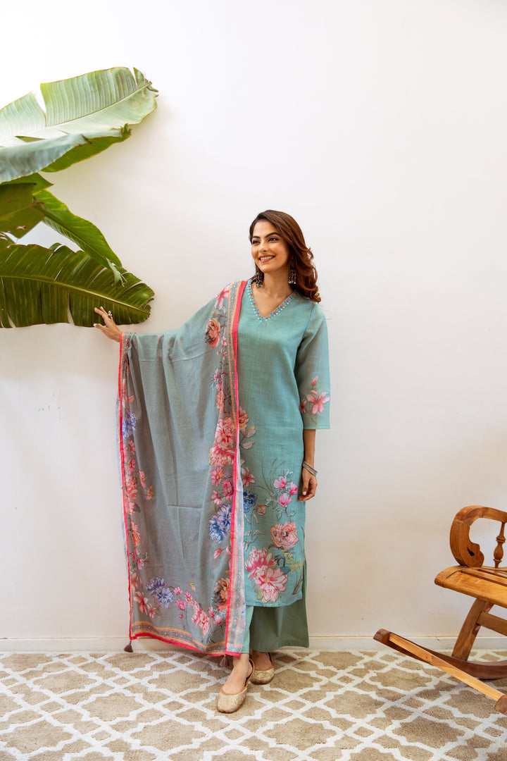 Women's Green Linen Kurta, Palazzo & Dupatta Set