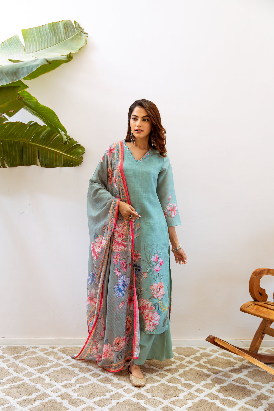 Women's Green Linen Kurta, Palazzo & Dupatta Set