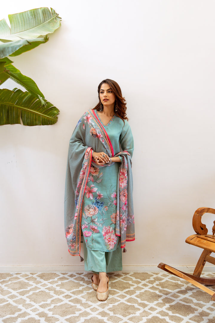 Women's Green Linen Kurta, Palazzo & Dupatta Set