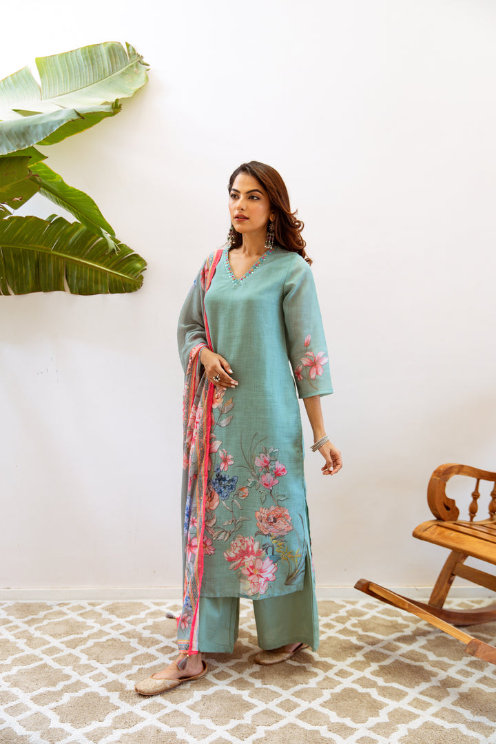 Women's Green Linen Kurta, Palazzo & Dupatta Set