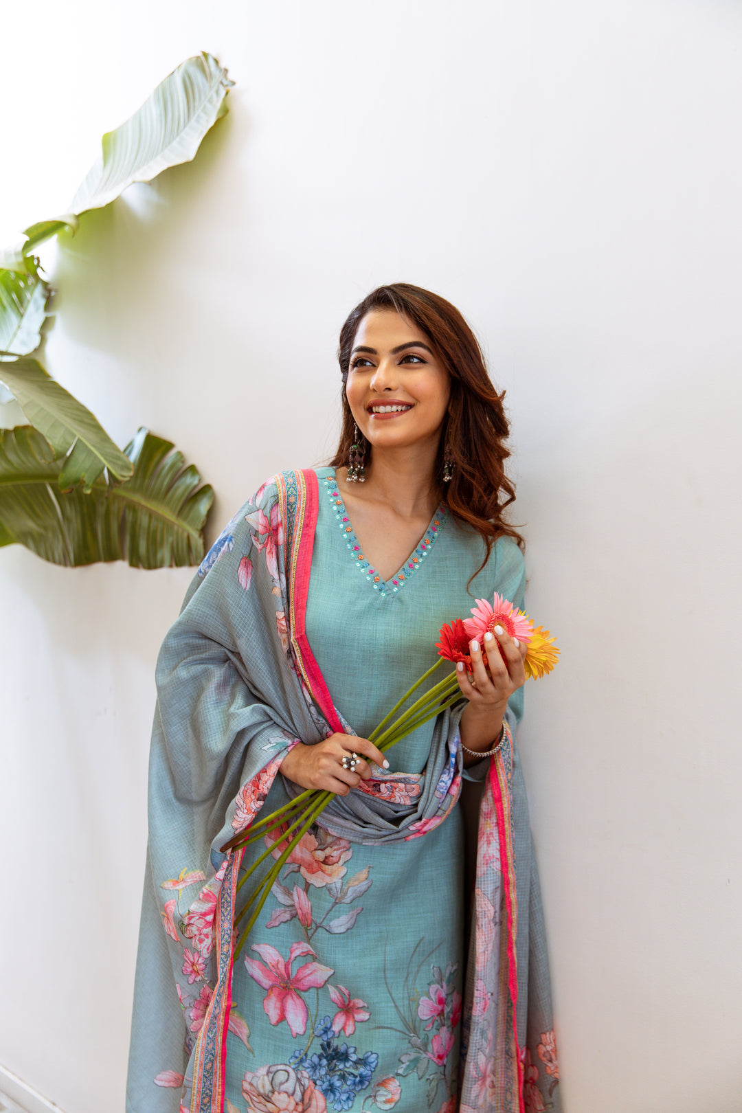 Women's Green Linen Kurta, Palazzo & Dupatta Set