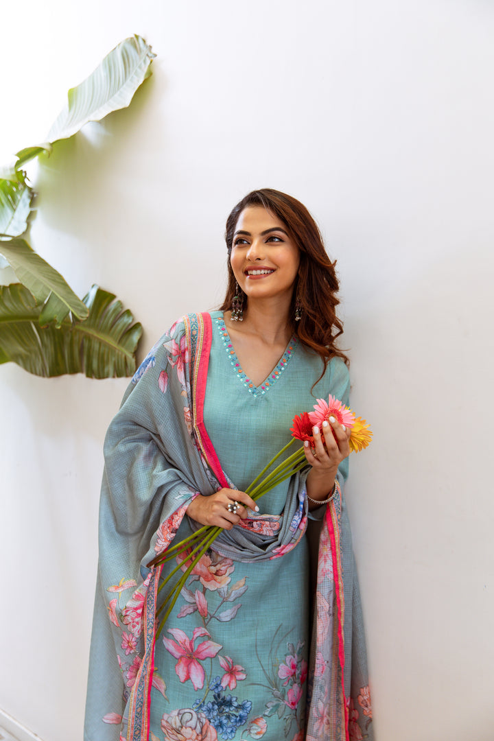 Women's Green Linen Kurta, Palazzo & Dupatta Set