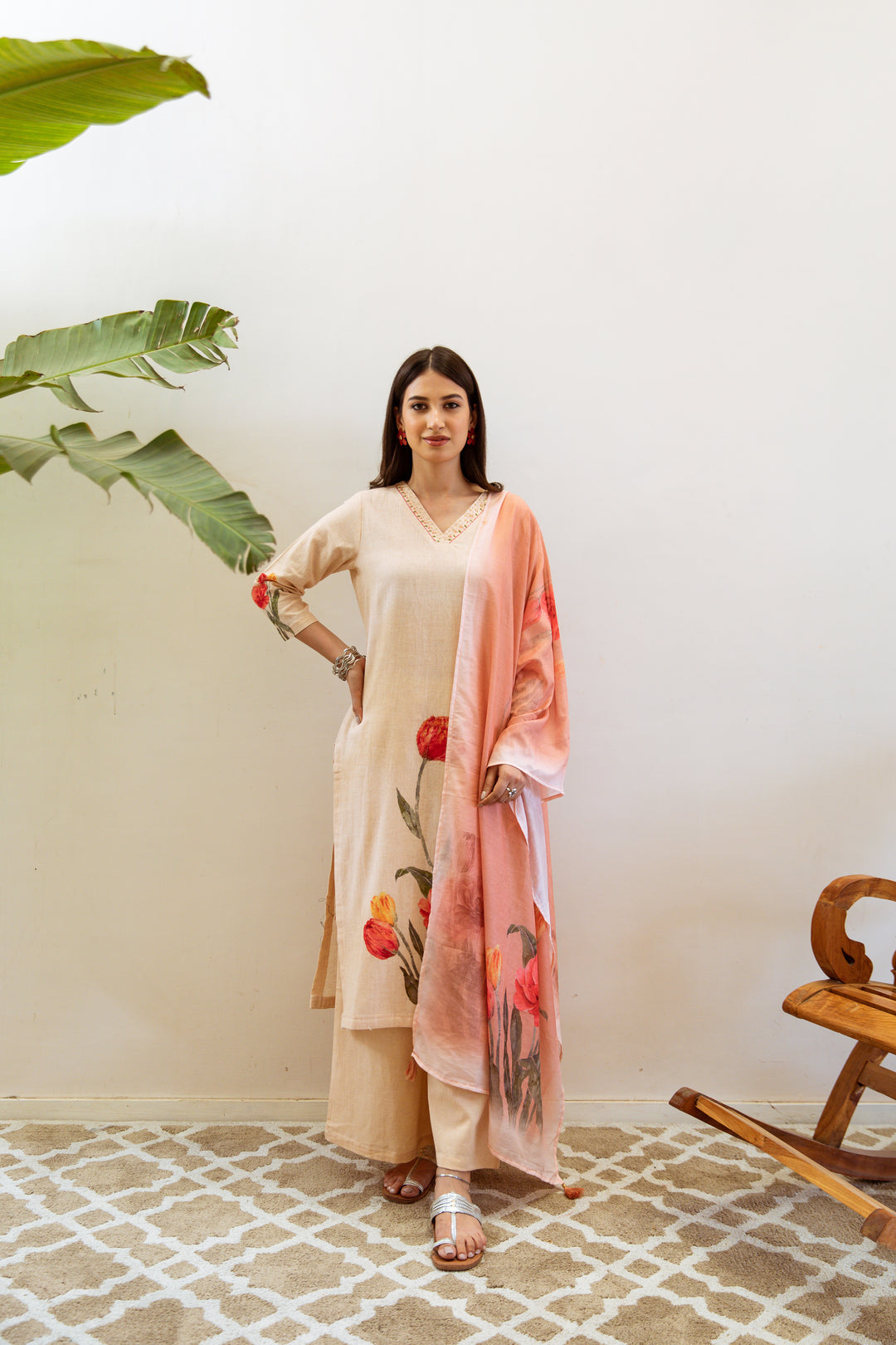 Women's Beige Linen Kurta, Palazzo & Dupatta Set