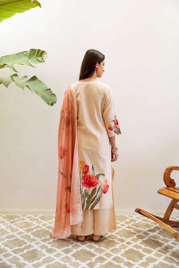 Women's Beige Linen Kurta, Palazzo & Dupatta Set