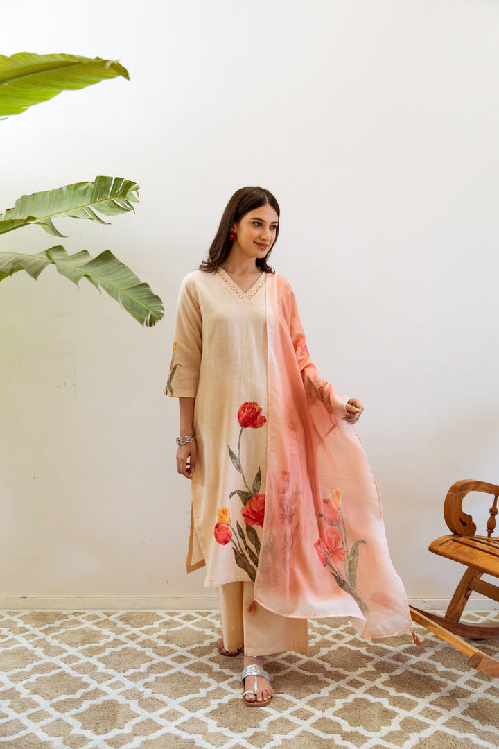 Women's Beige Linen Kurta, Palazzo & Dupatta Set