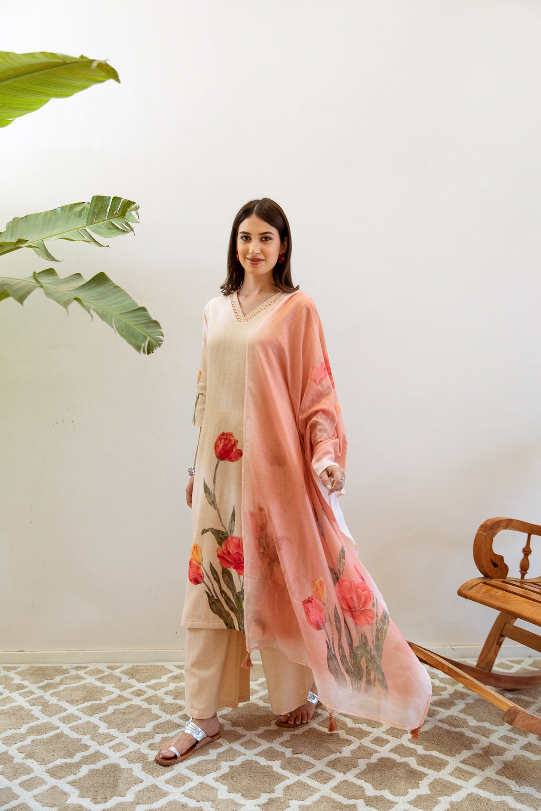 Women's Beige Linen Kurta, Palazzo & Dupatta Set