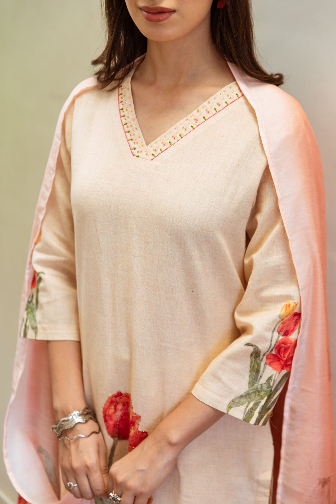 Women's Beige Linen Kurta, Palazzo & Dupatta Set