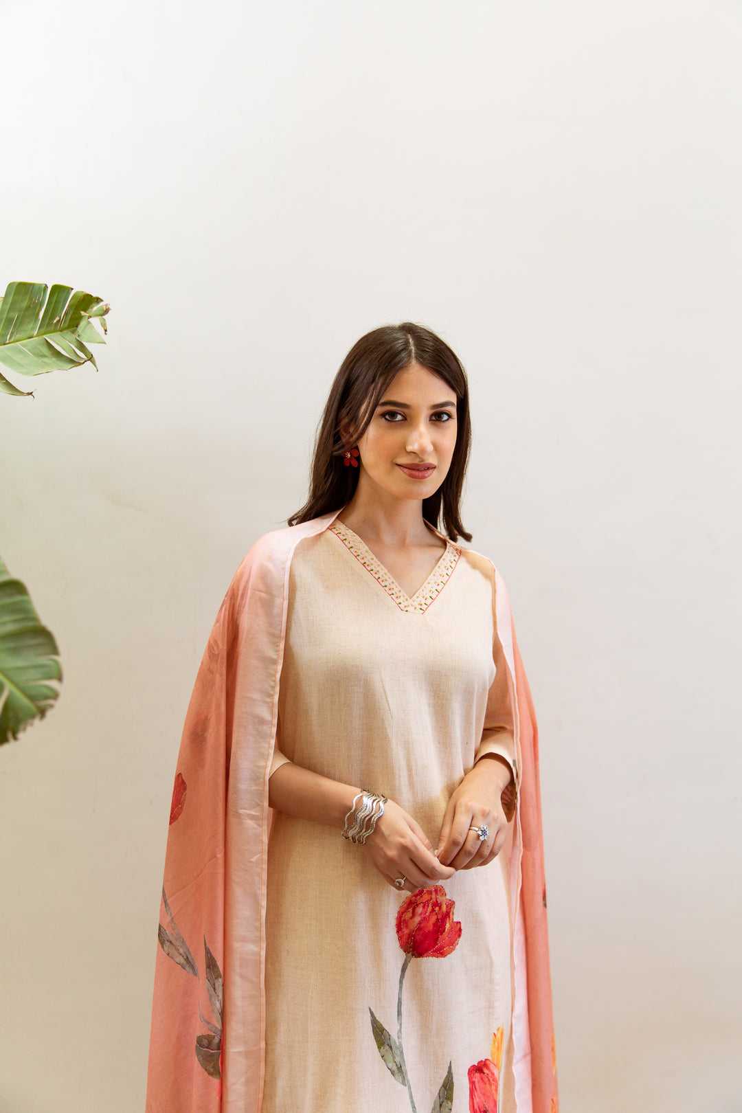 Women's Beige Linen Kurta, Palazzo & Dupatta Set