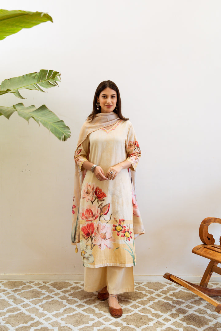 Women's Beige Linen Kurta, Palazzo & Dupatta Set