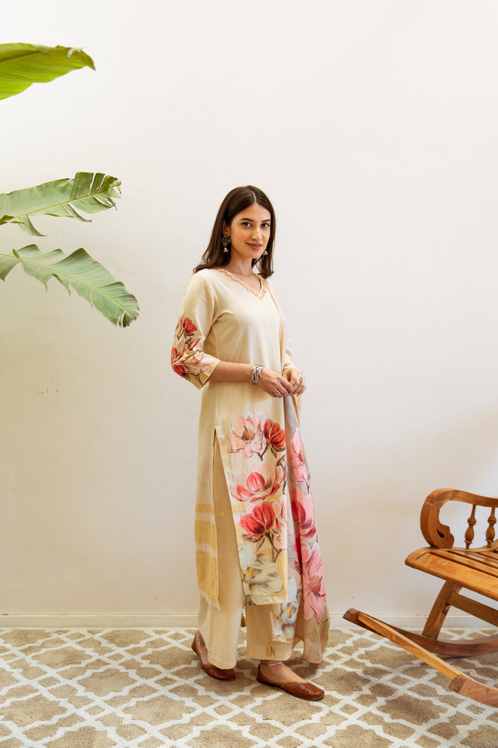 Women's Beige Linen Kurta, Palazzo & Dupatta Set