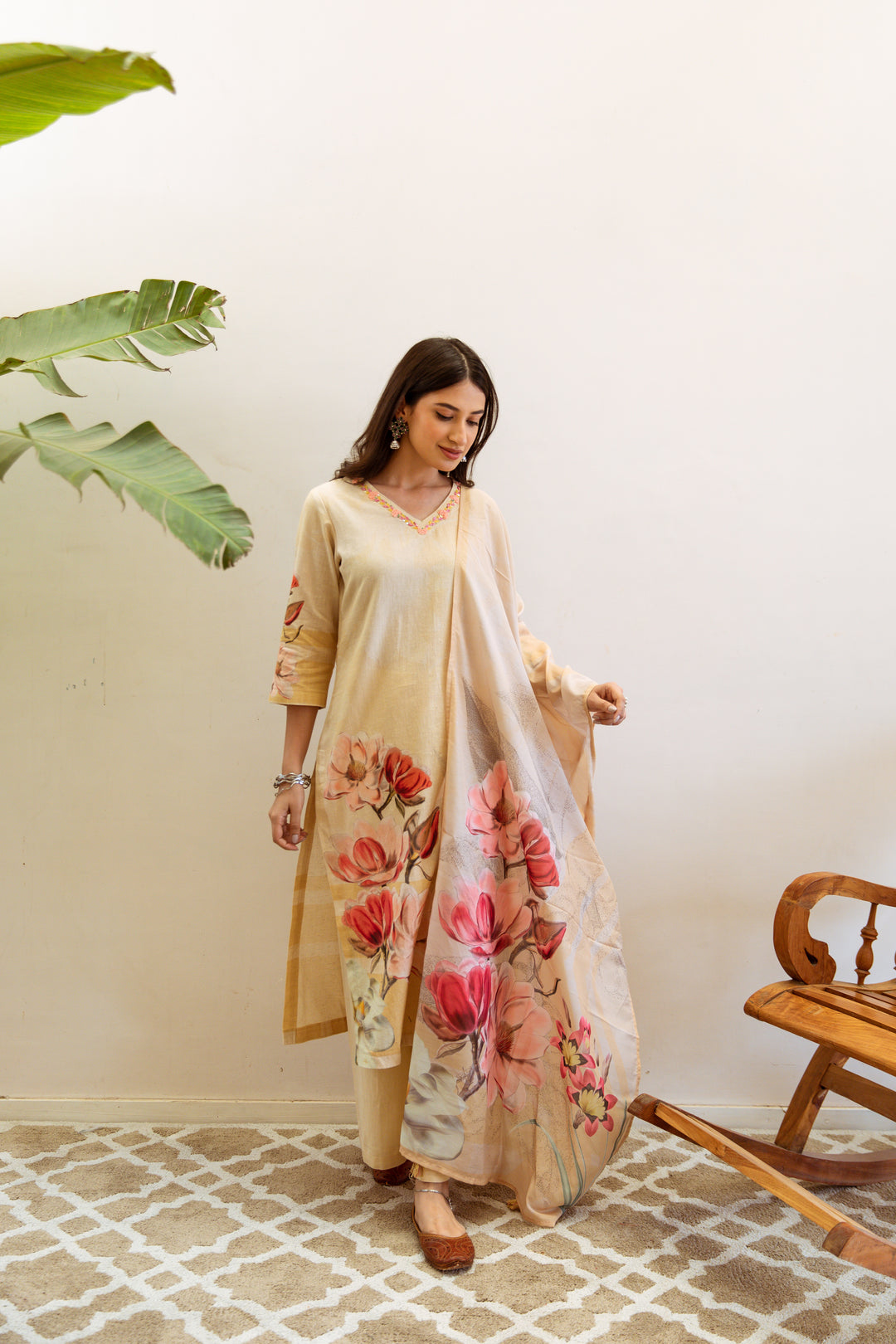 Women's Beige Linen Kurta, Palazzo & Dupatta Set