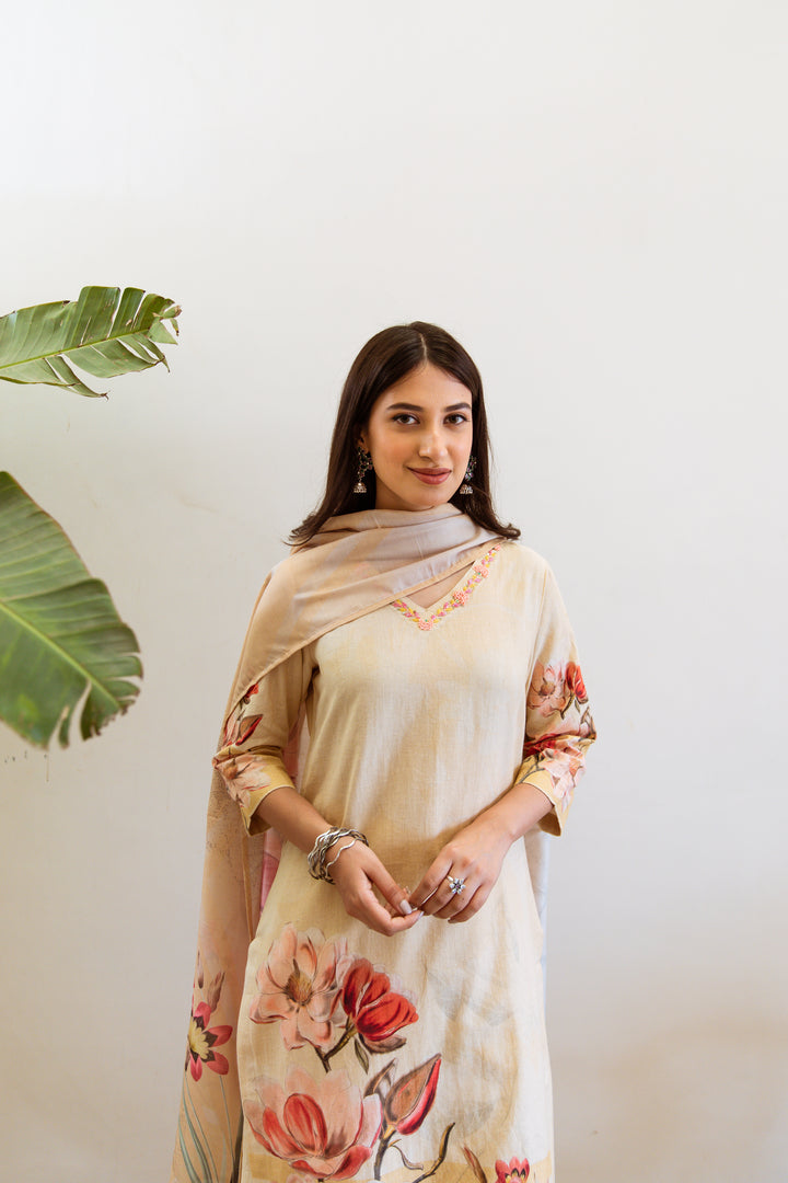 Women's Beige Linen Kurta, Palazzo & Dupatta Set