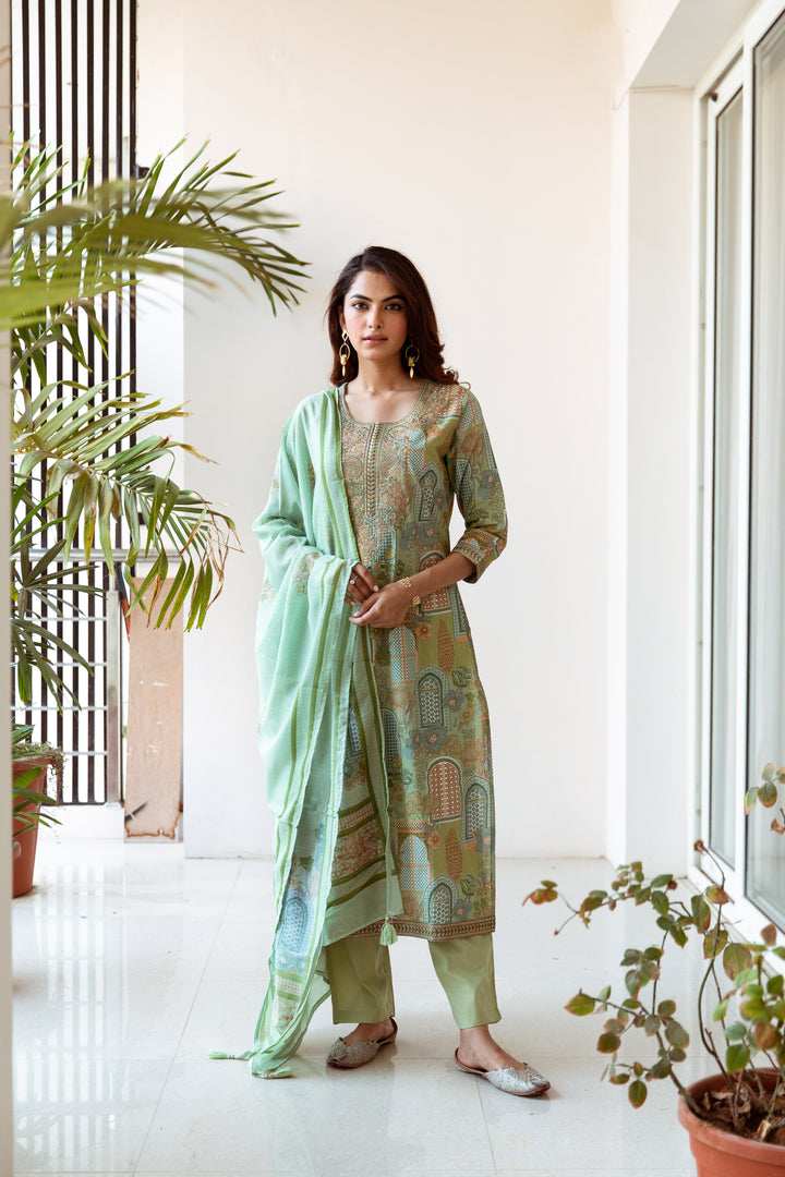 Women's Green Cotton Kurta, Pant & Dupatta Set