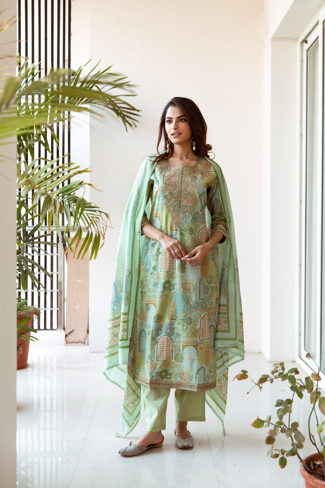 Women's Green Cotton Kurta, Pant & Dupatta Set