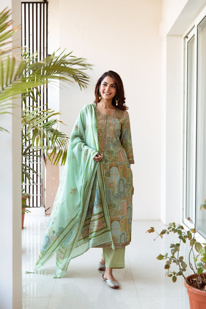 Women's Green Cotton Kurta, Pant & Dupatta Set