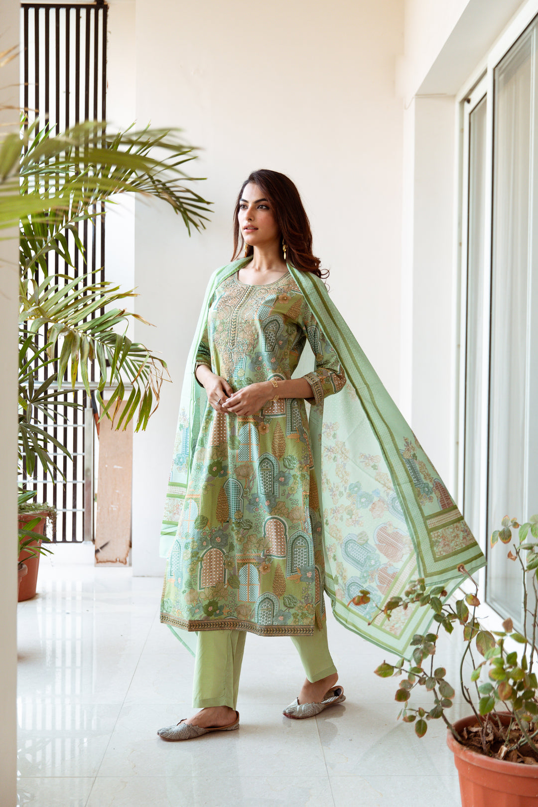 Women's Green Cotton Kurta, Pant & Dupatta Set