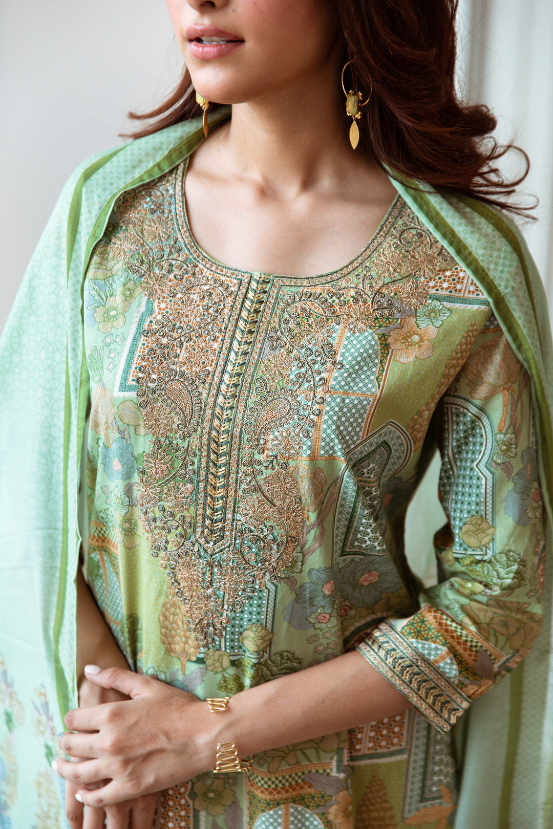 Women's Green Cotton Kurta, Pant & Dupatta Set