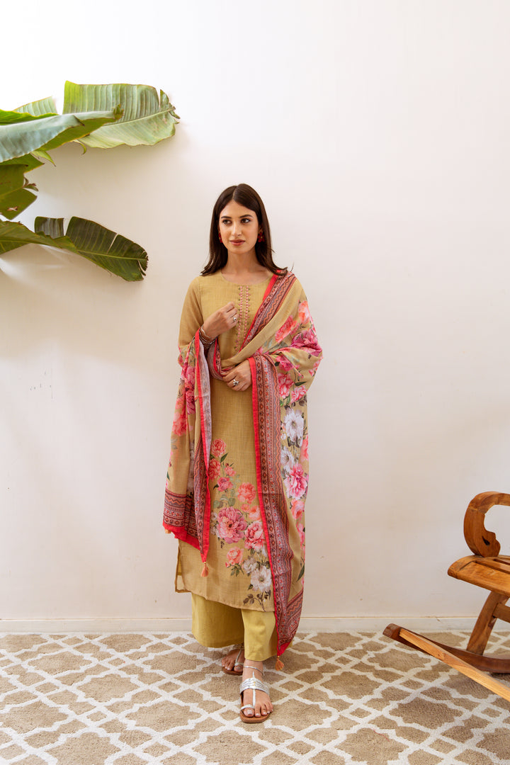 Women's Green Linen Kurta, Palazzo & Dupatta Set